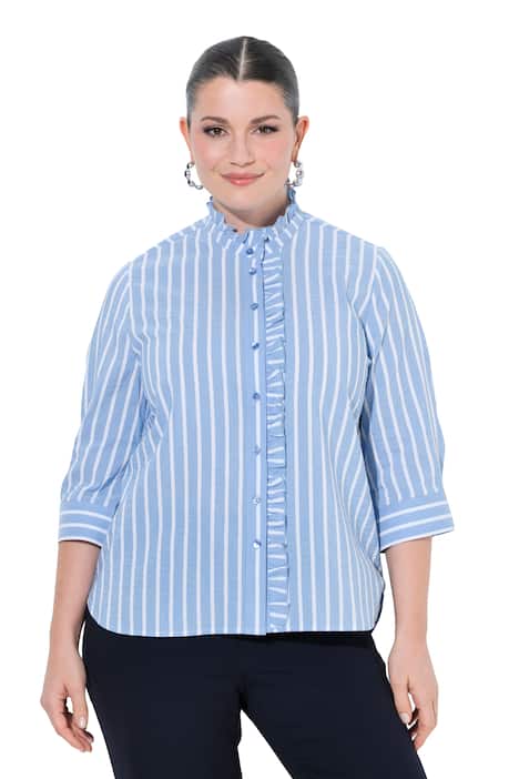 Halenka z krepového materiálu, áčkový střih, stojáček, 3/4 rukávy, volánky