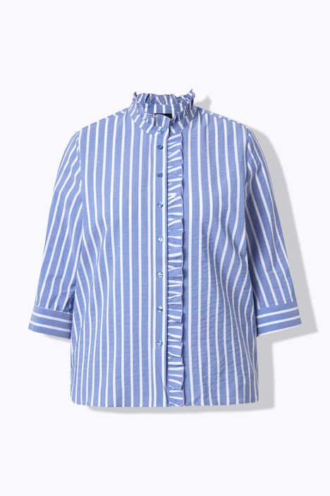 Seersucker-Bluse, A-Linie, Stehkragen, 3/4-Arm, Rüschen