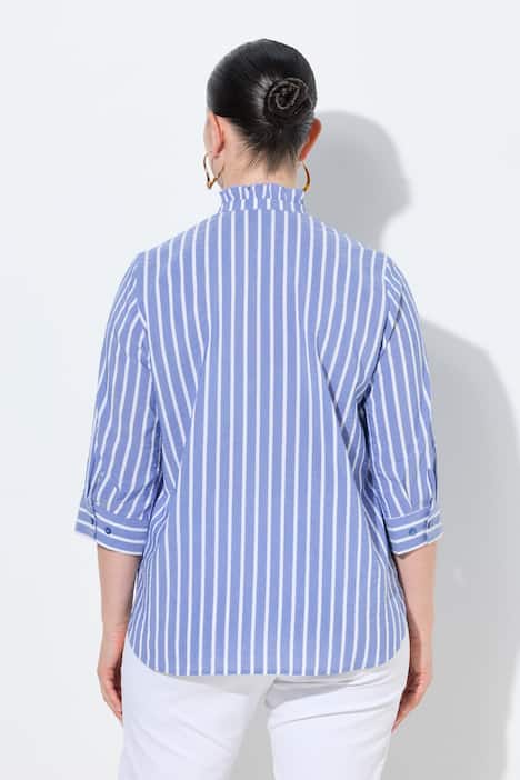 Seersucker-Bluse, A-Linie, Stehkragen, 3/4-Arm, Rüschen