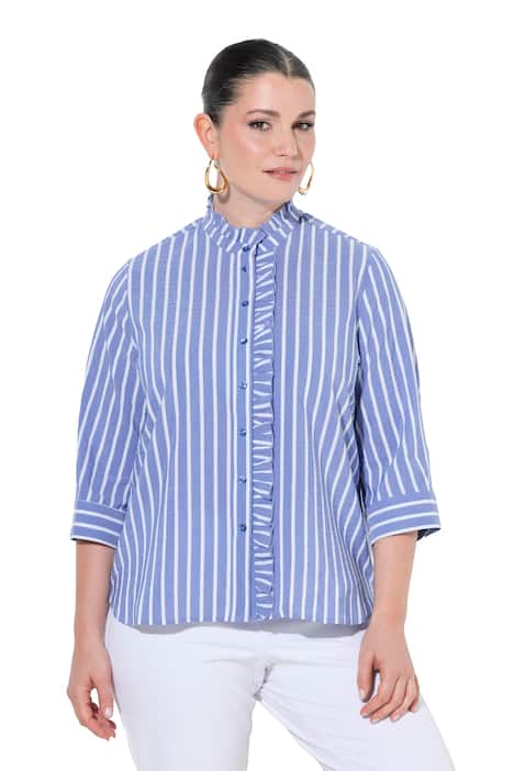 Halenka z krepového materiálu, áčkový střih, stojáček, 3/4 rukávy, volánky