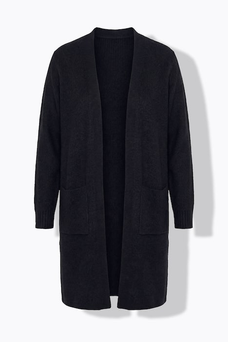 Vest, lang en recht, open model, geribbeld breisel