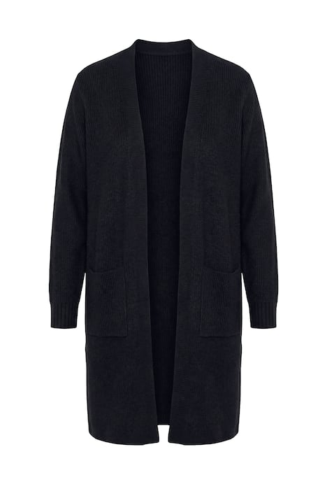 Rozepínací svetr, dlouhý a rovný, otevřený střih, žebrovaný úplet