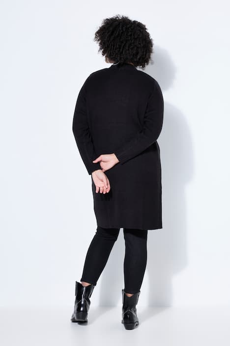 Vest, lang en recht, open model, geribbeld breisel