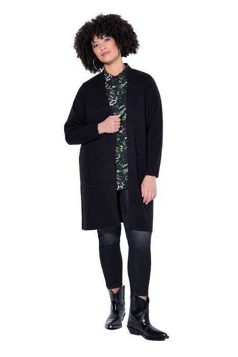 Rozepínací svetr, dlouhý a rovný, otevřený střih, žebrovaný úplet