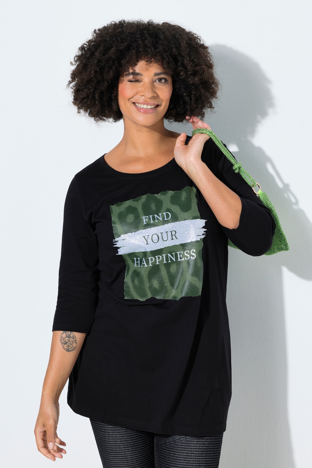 T-Shirt, A-Linie, Glitzer-Motiv mit Schriftzug, 3/4-Ärmel