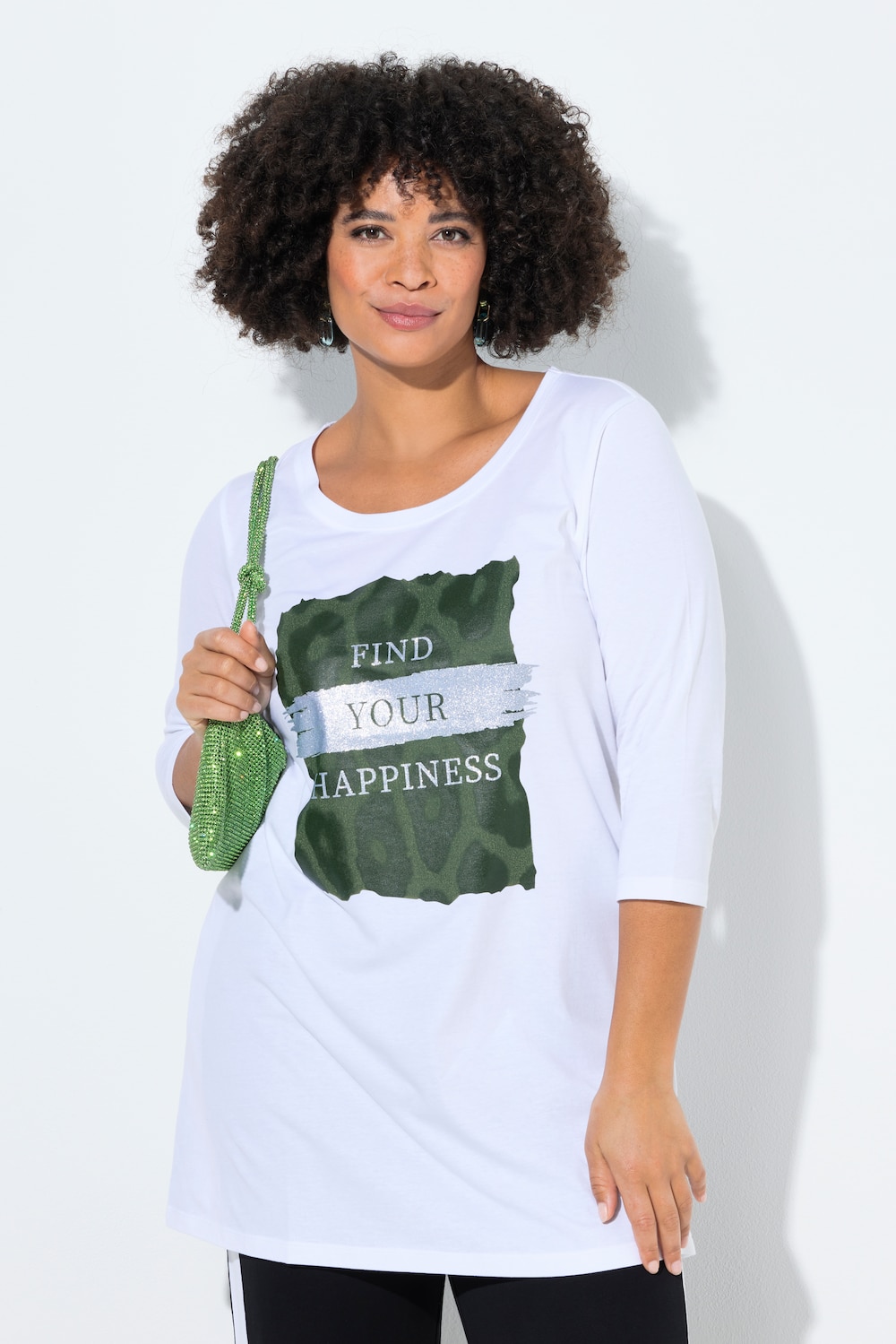 T-shirt, A-form, glittermotiv med bogstaver, 3/4-ærmer