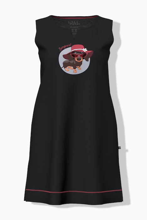 Maglia lunga, disegno di cane, scollo a girocollo, senza maniche