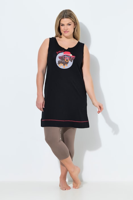 Maglia lunga, disegno di cane, scollo a girocollo, senza maniche