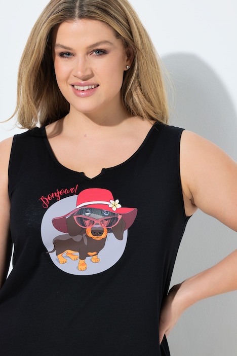 Maglia lunga, disegno di cane, scollo a girocollo, senza maniche