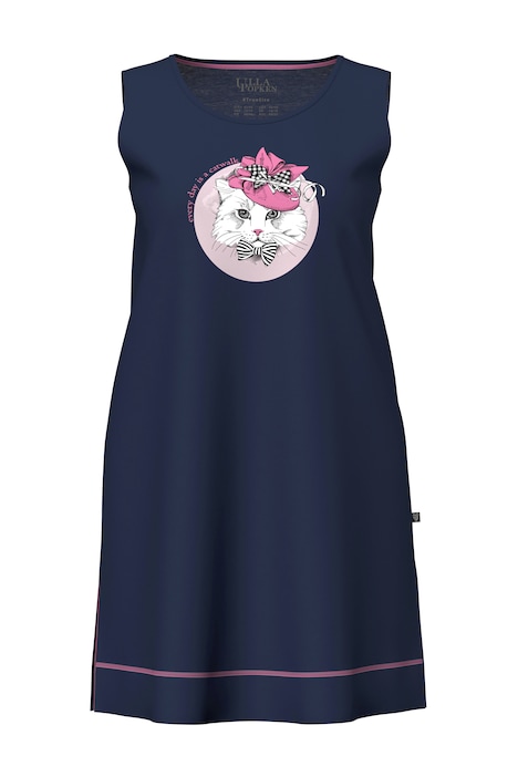Dlouhé tričko s kočičím motivem, kulatý výstřih, bez rukávů