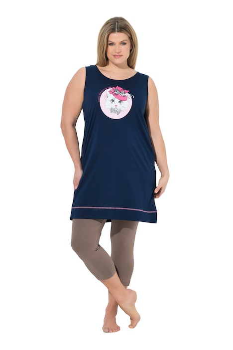 Dlouhé tričko s kočičím motivem, kulatý výstřih, bez rukávů