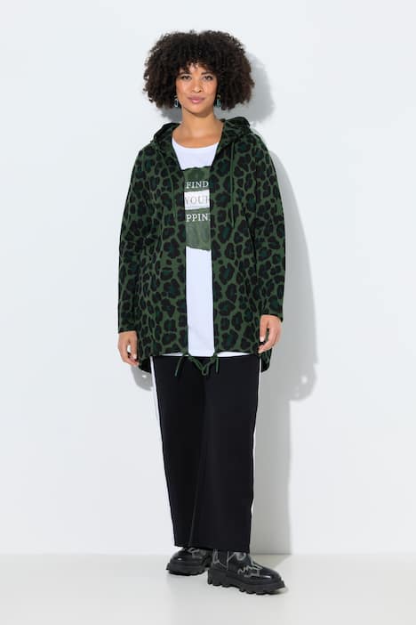 Sweatjacke, längere, offene Form, Kapuze, Color-Leo