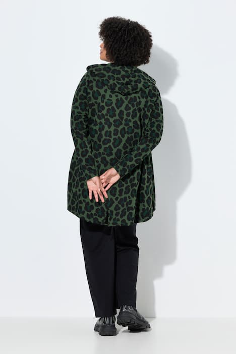 Sweatjacke, längere, offene Form, Kapuze, Color-Leo