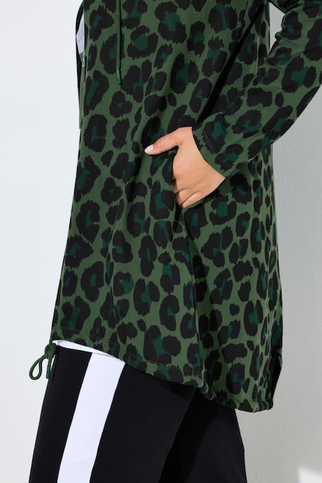 Sweatjacke, längere, offene Form, Kapuze, Color-Leo