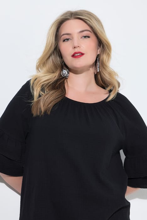 Bluse, A-Linie, Musselin, elastischer Carmen-Ausschnitt