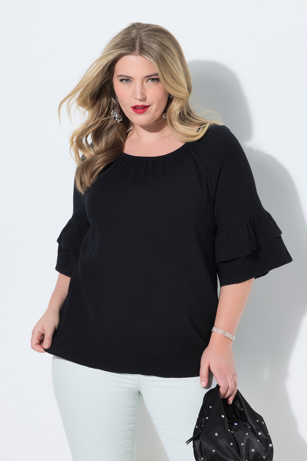 Bluse, A-Linie, Musselin, elastischer Carmen-Ausschnitt