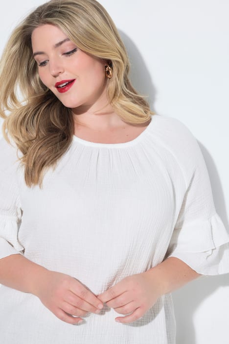 Bluse, A-Linie, Musselin, elastischer Carmen-Ausschnitt