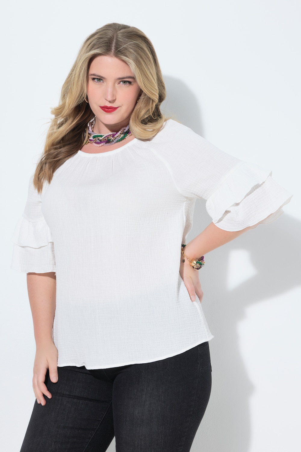 Bluse, A-Linie, Musselin, elastischer Carmen-Ausschnitt