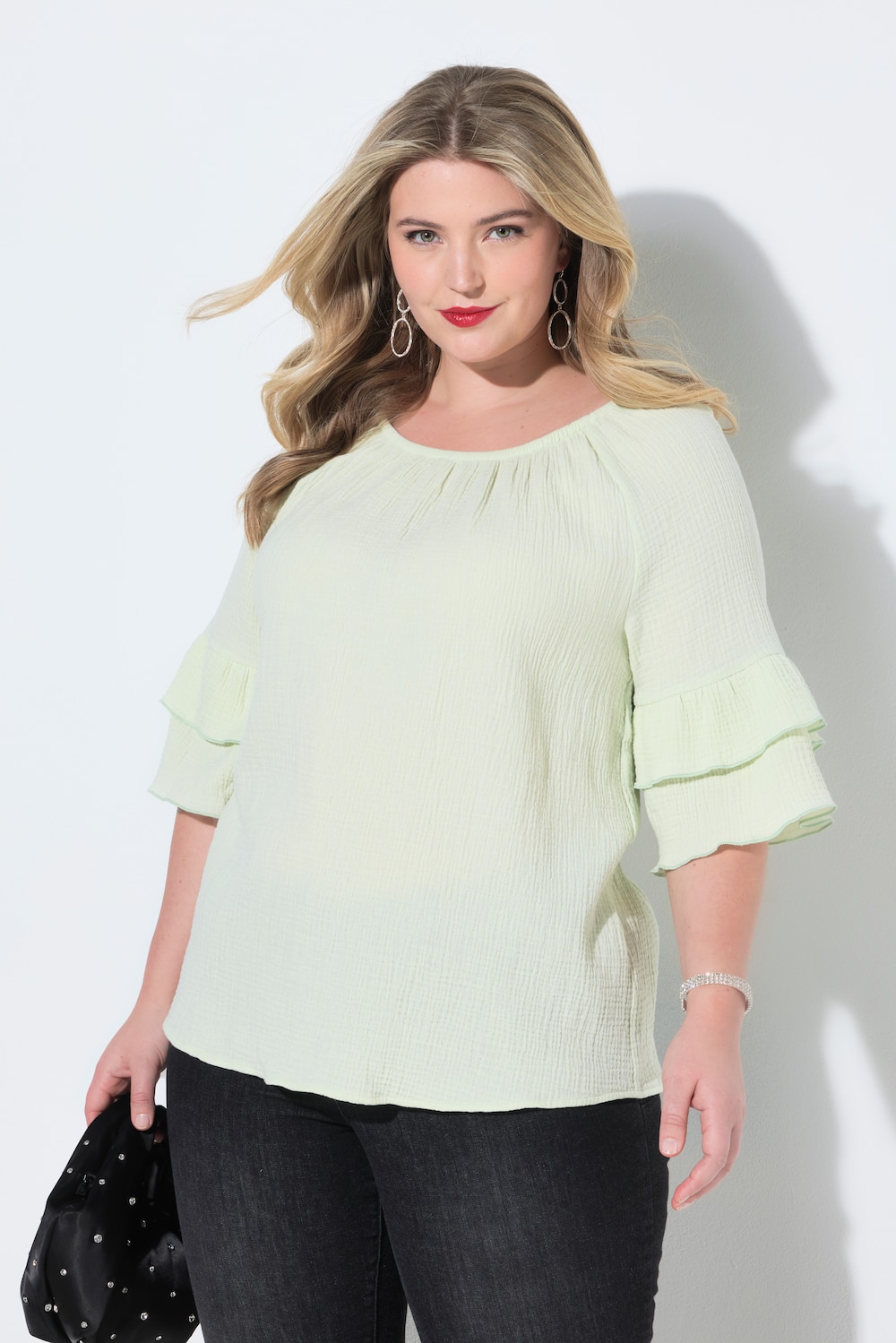 Bluse, A-Linie, Musselin, elastischer Carmen-Ausschnitt