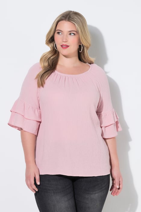 Bluse, A-Linie, Musselin, elastischer Carmen-Ausschnitt