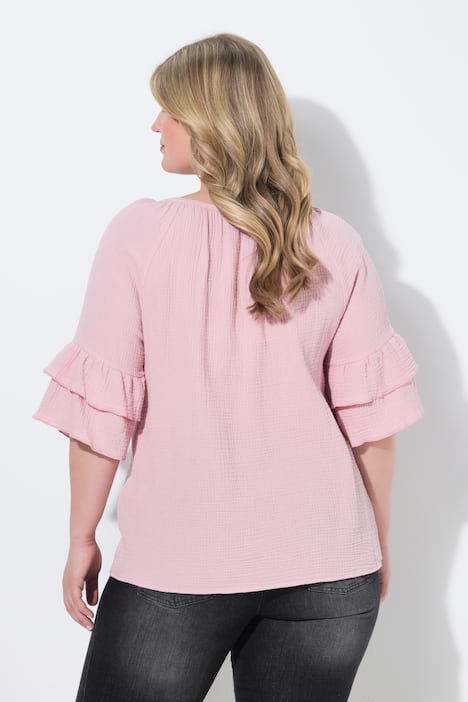 Bluse, A-Linie, Musselin, elastischer Carmen-Ausschnitt