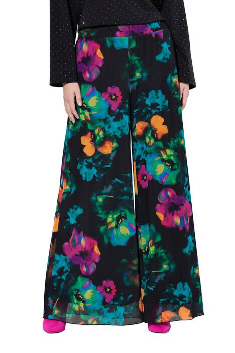 Síťované kalhoty, velmi široké nohavice, květinový vzor