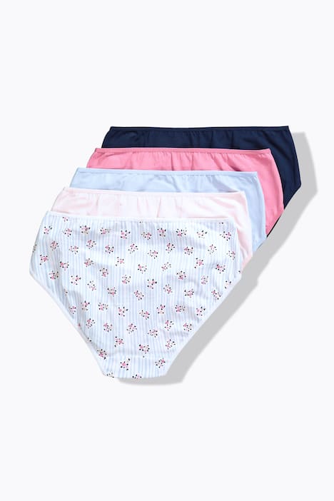 Figi midi, 5 par, kwiatki i paski/jednokolorowe