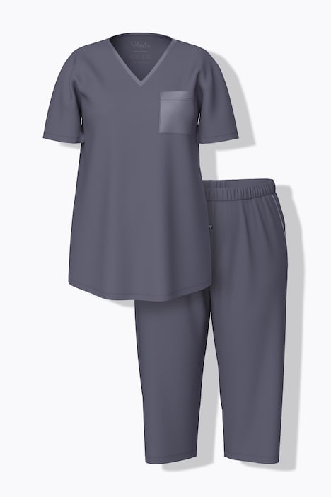 Pyjama, satijnen borstzak, V-hals, korte mouwen