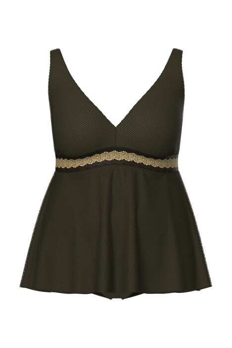 Tankini, dekorativní stuhy, měkké košíčky, nastavitelná ramínka podprsenky, recyklovaný materiál