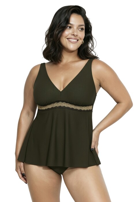 Tankini, dekorativní stuhy, měkké košíčky, nastavitelná ramínka podprsenky, recyklovaný materiál