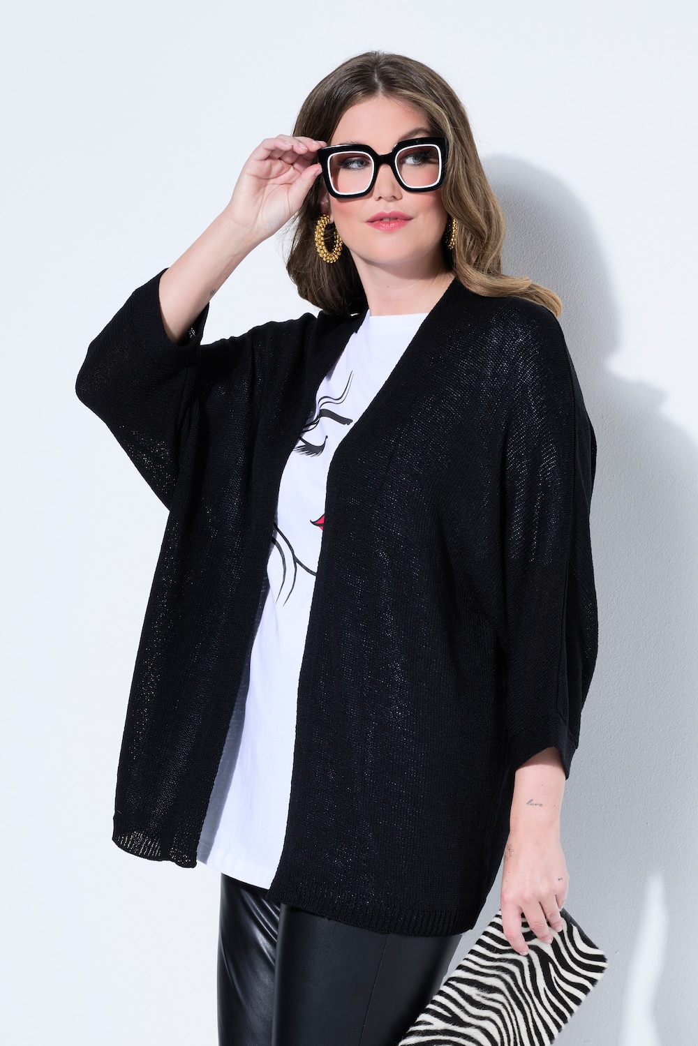 Strickjacke, offene Passform, 3/4-Fledermaus-Ärmel