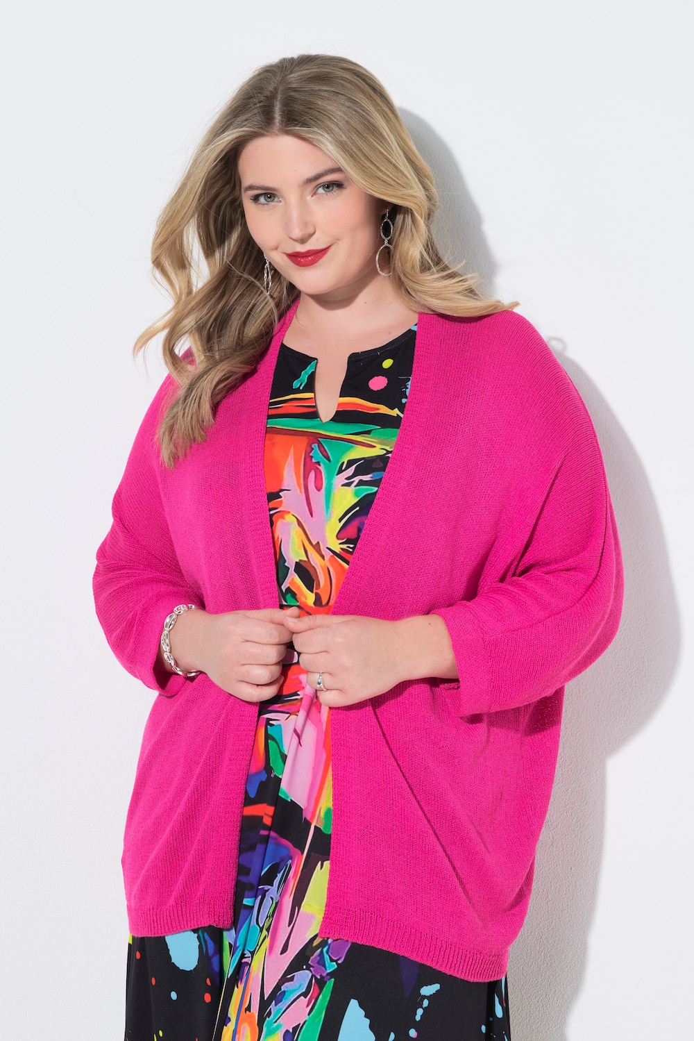 Strickjacke, offene Passform, 3/4-Fledermaus-Ärmel