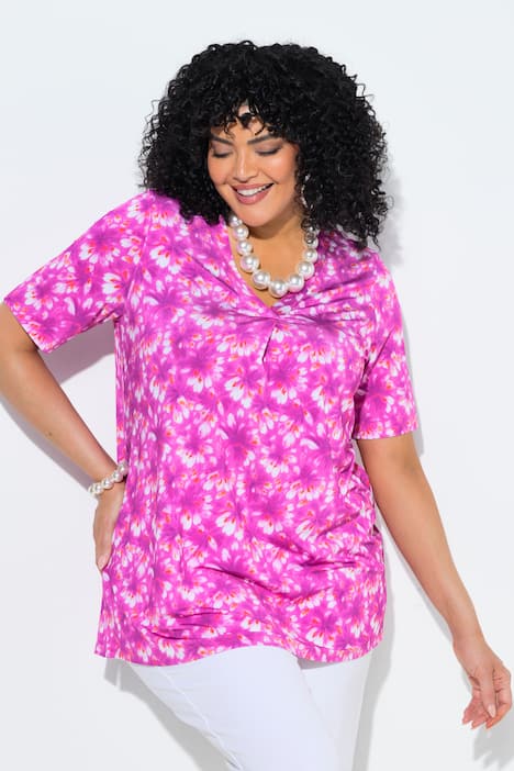 Camisa Slinky, forma en A, pliegue decorativo, escote en V, media manga