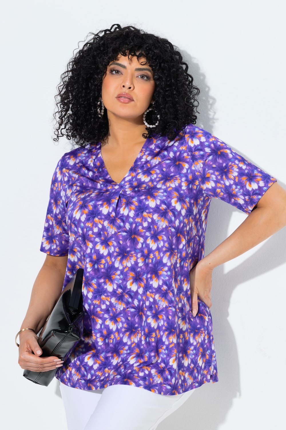 Slinky shirt, sierplooi, A-lijn, V-hals, korte mouwen