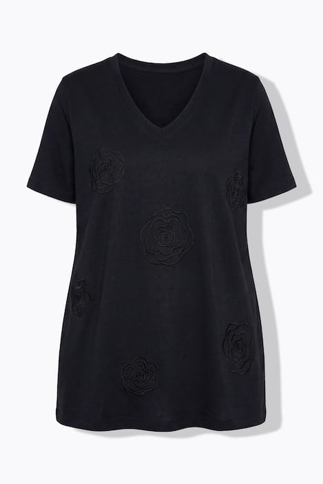 T-Shirt, A-Linie, Stick-Blüten, Halbarm