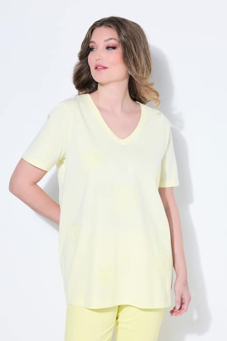 T-Shirt, A-Linie, Stick-Blüten, Halbarm