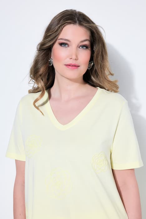 T-Shirt, A-Linie, Stick-Blüten, Halbarm