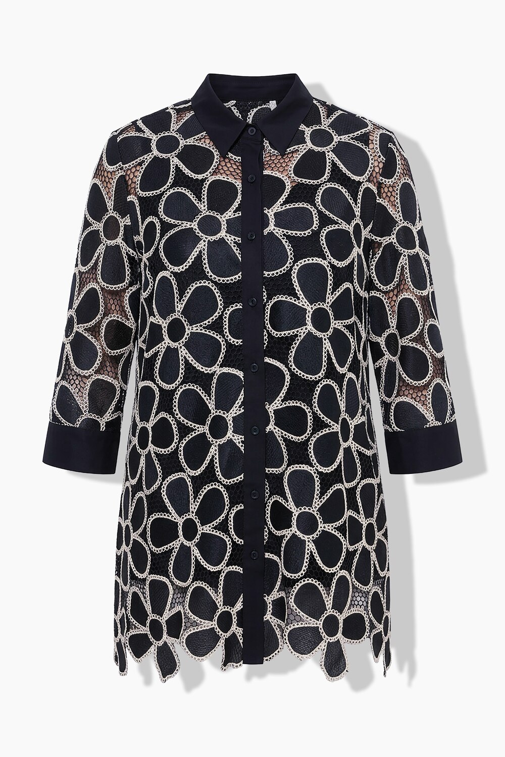Stora storlekar Blus i A-linjemodell och spets med skjortkrage, Dam, svart, storlek: 54/56, Polyester/Bomull, Ulla Popken