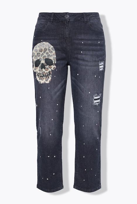 Boyfriend-Jeans, glitzernder Totenkopf, 5-Pocket