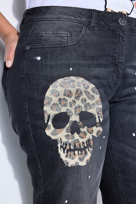 Boyfriend-Jeans, glitzernder Totenkopf, 5-Pocket