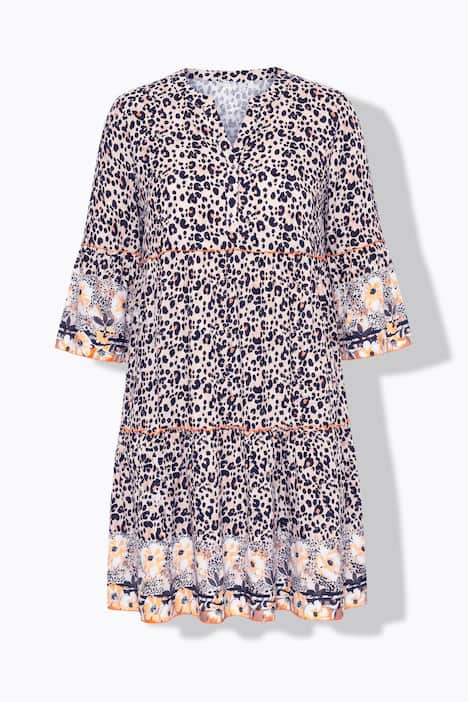 Kleid, A-Linie, Leomuster, farbige Zierrüschen, Volants