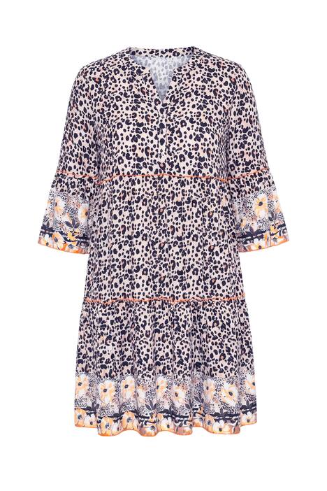 Šaty, áčkový střih, leopardí vzor, barevné ozdobné volánky, volány