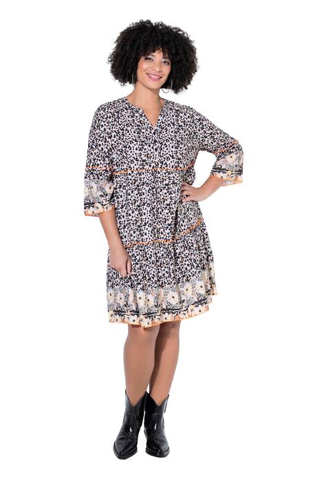 Šaty, áčkový střih, leopardí vzor, barevné ozdobné volánky, volány