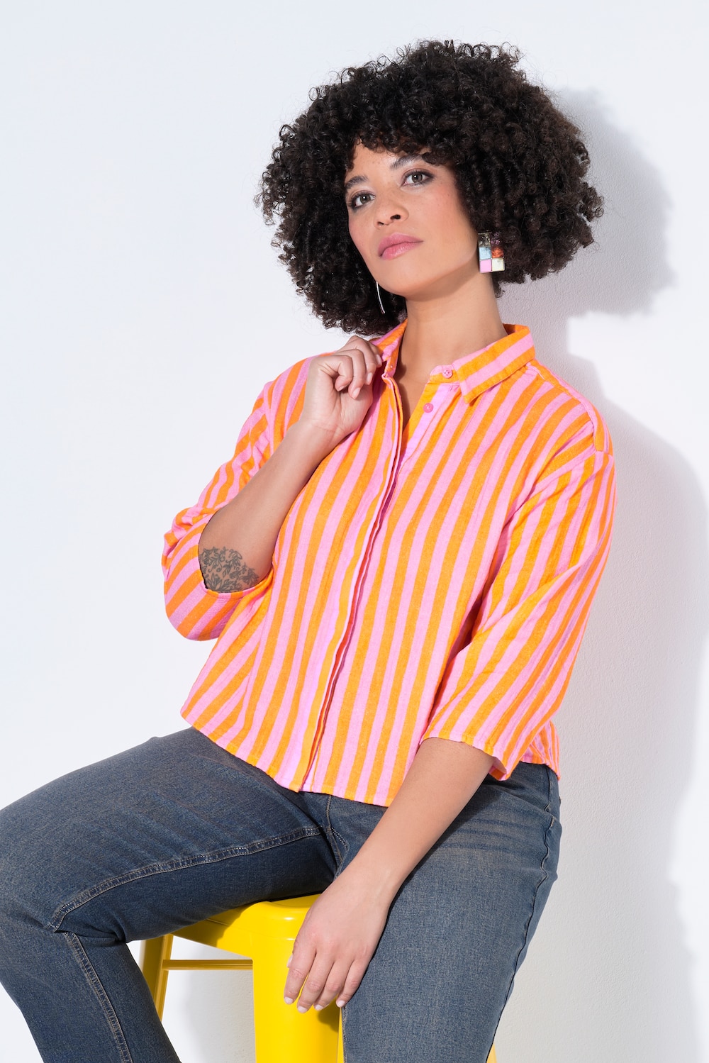 Bluse, Boxy Fit, Musselin mit Streifen, weite 3/4-Ärmel