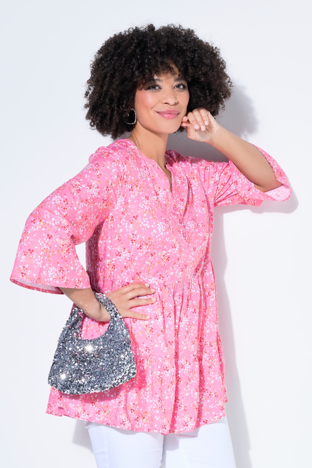 Tunika, A-Linie, Blümchen, Volants