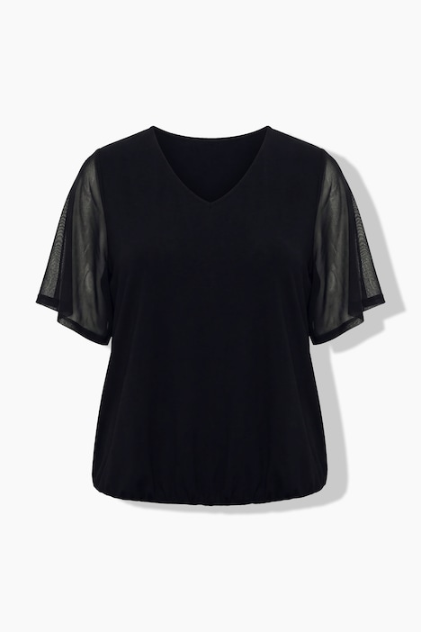 Slinky-Blusentop, Mesh-Überwurf, V-Ausschnitt, Halbarm