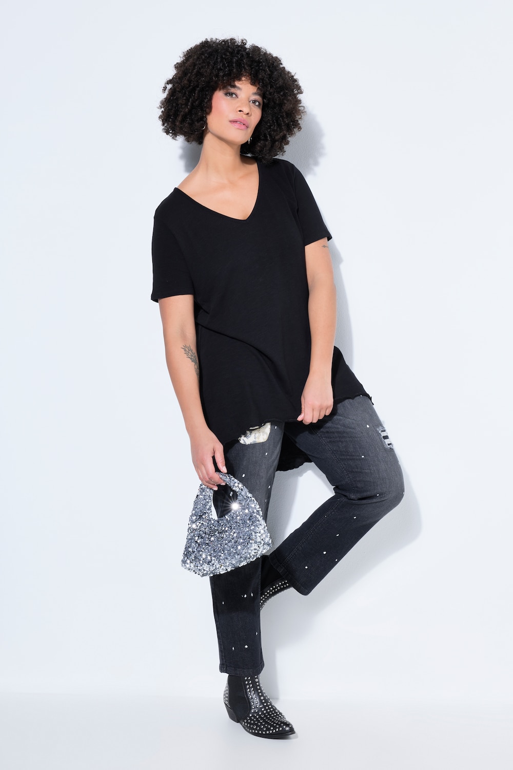 Gebreid shirt, A-lijn, korte mouwen, fijn breisel