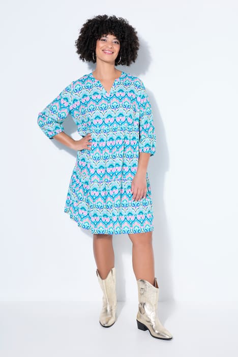 Kleid, A-Linie, Alloverprint, 3/4-Ärmel, Volants