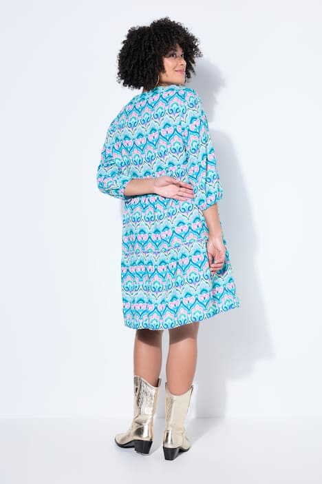 Kleid, A-Linie, Alloverprint, 3/4-Ärmel, Volants