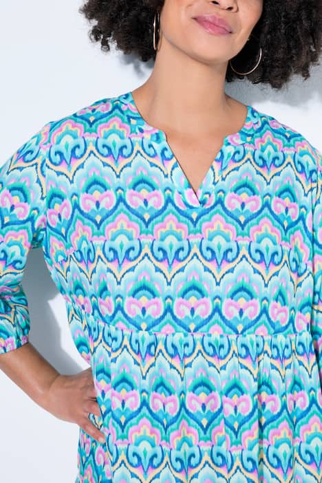 Kleid, A-Linie, Alloverprint, 3/4-Ärmel, Volants